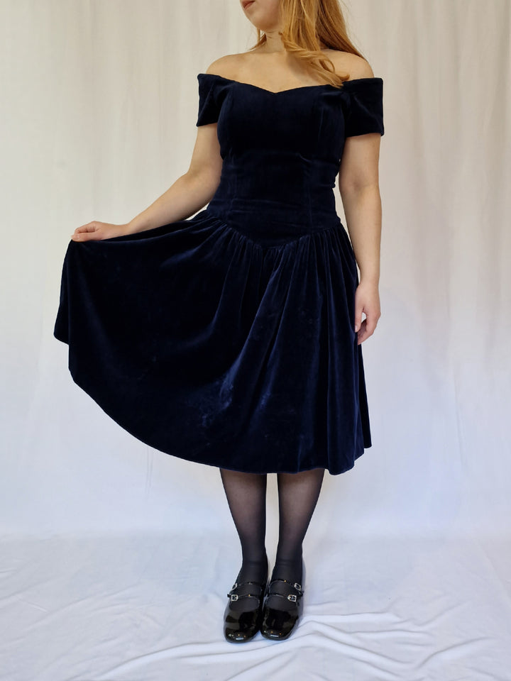 Vintage 90s Navy Blue Velvet Party Dress - M