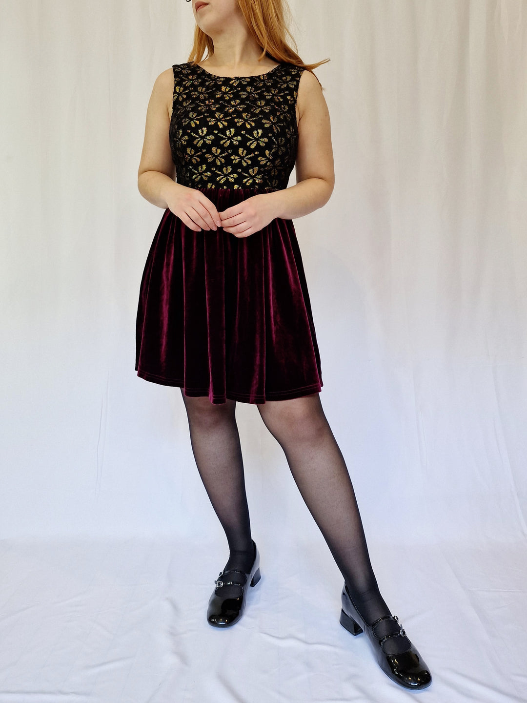 Vintage 90s Burgundy Velvet Skater Style Party Dress - S