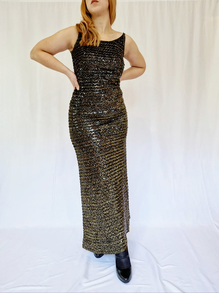 Vintage 70s Black and Gold Sleeveless Maxi Dress - XS/S