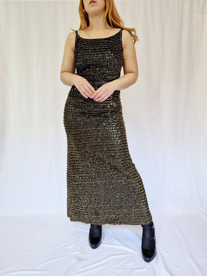 Vintage 70s Black and Gold Sleeveless Maxi Dress - XS/S