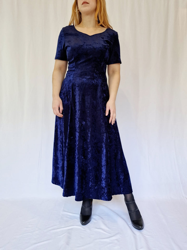 Vintage 90s Navy Blue Crushed Velvet Maxi Dress - L