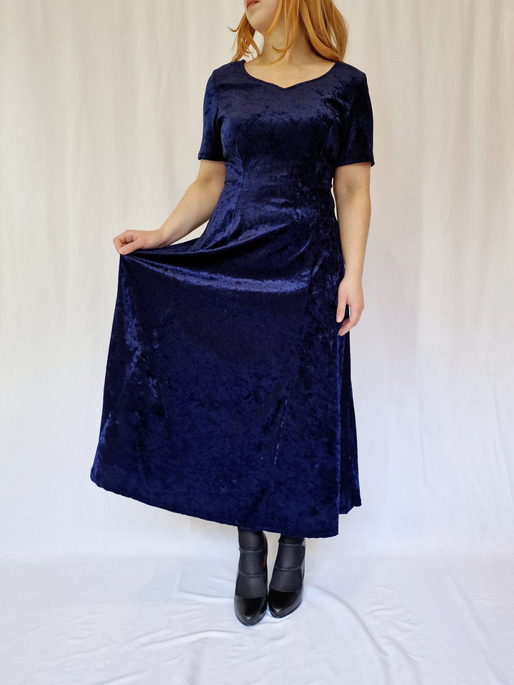 Vintage 90s Navy Blue Crushed Velvet Maxi Dress - L