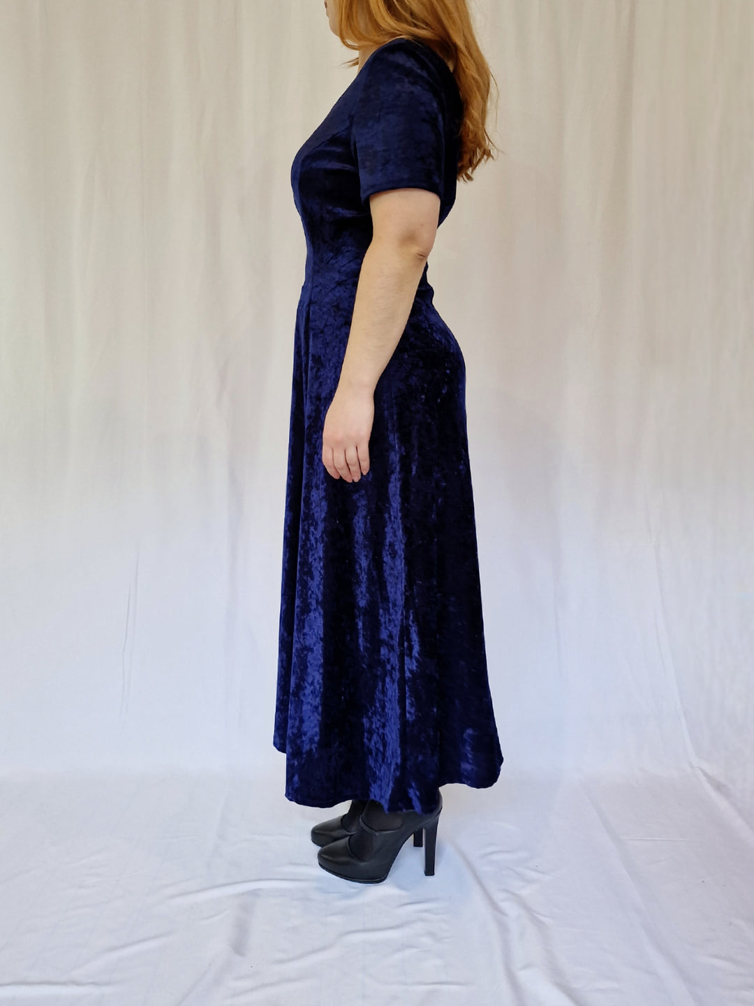 Vintage 90s Navy Blue Crushed Velvet Maxi Dress - L