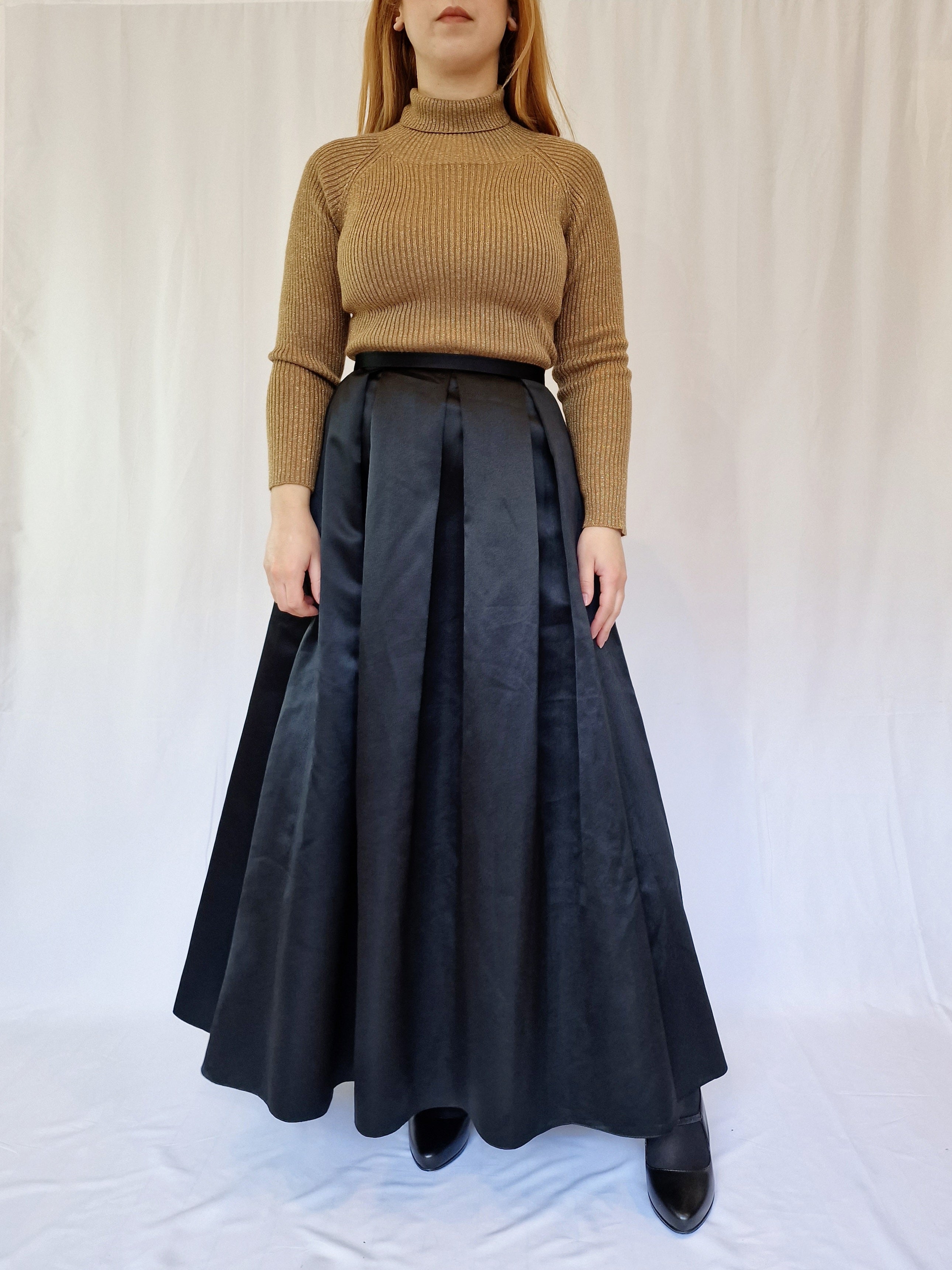 Vintage Black Satin High Waisted A Line Maxi Skirt XS