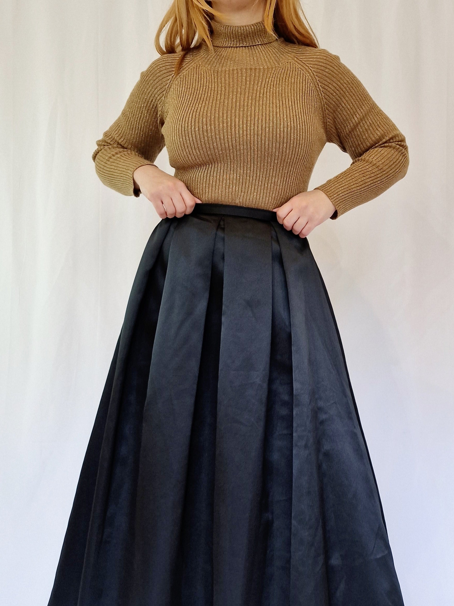 Vintage Black Satin High Waisted A Line Maxi Skirt XS TORN vintage