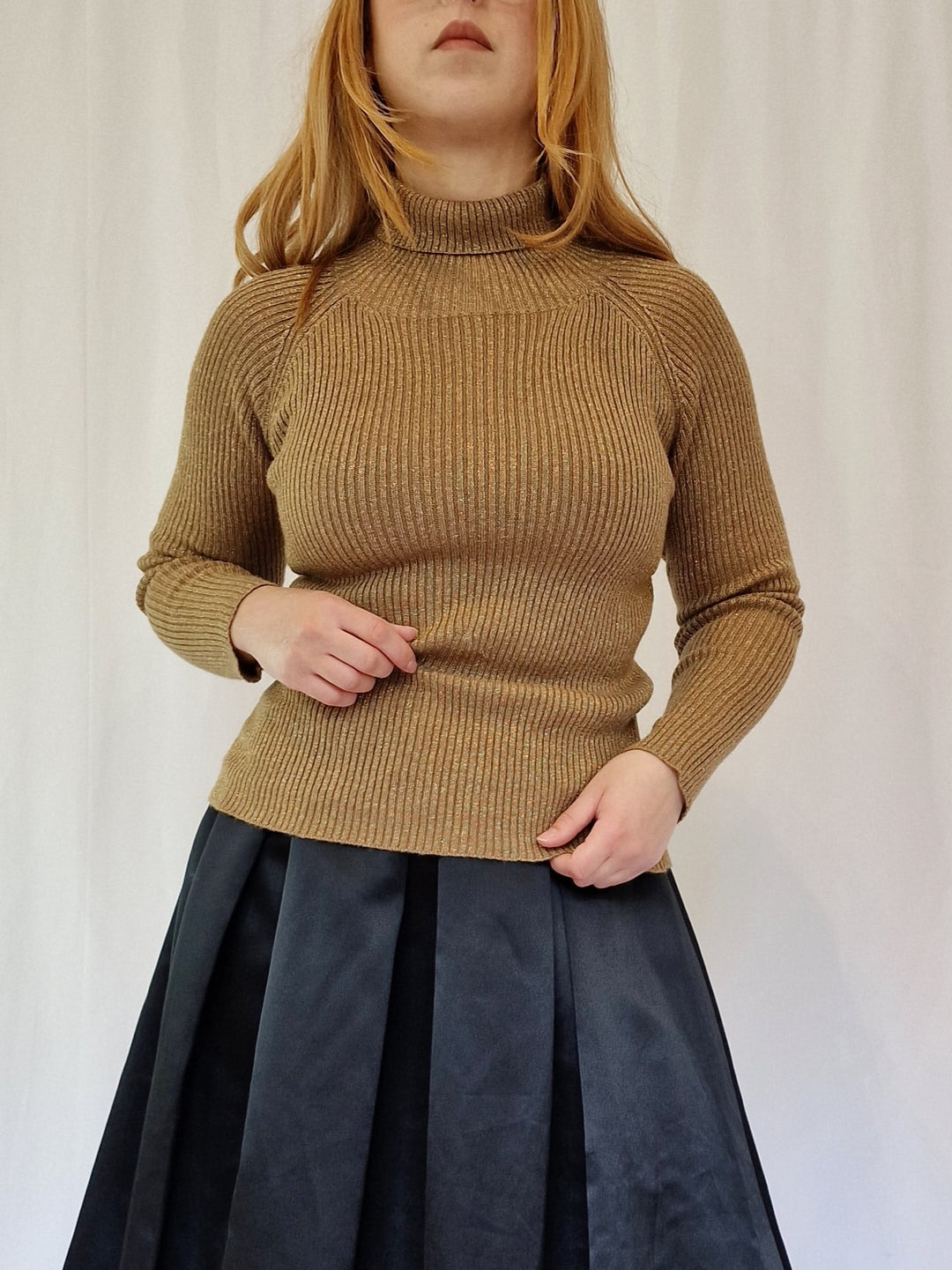 Vintage Polo Neck Long Sleeved Knitted Top with Gold Thread - XS