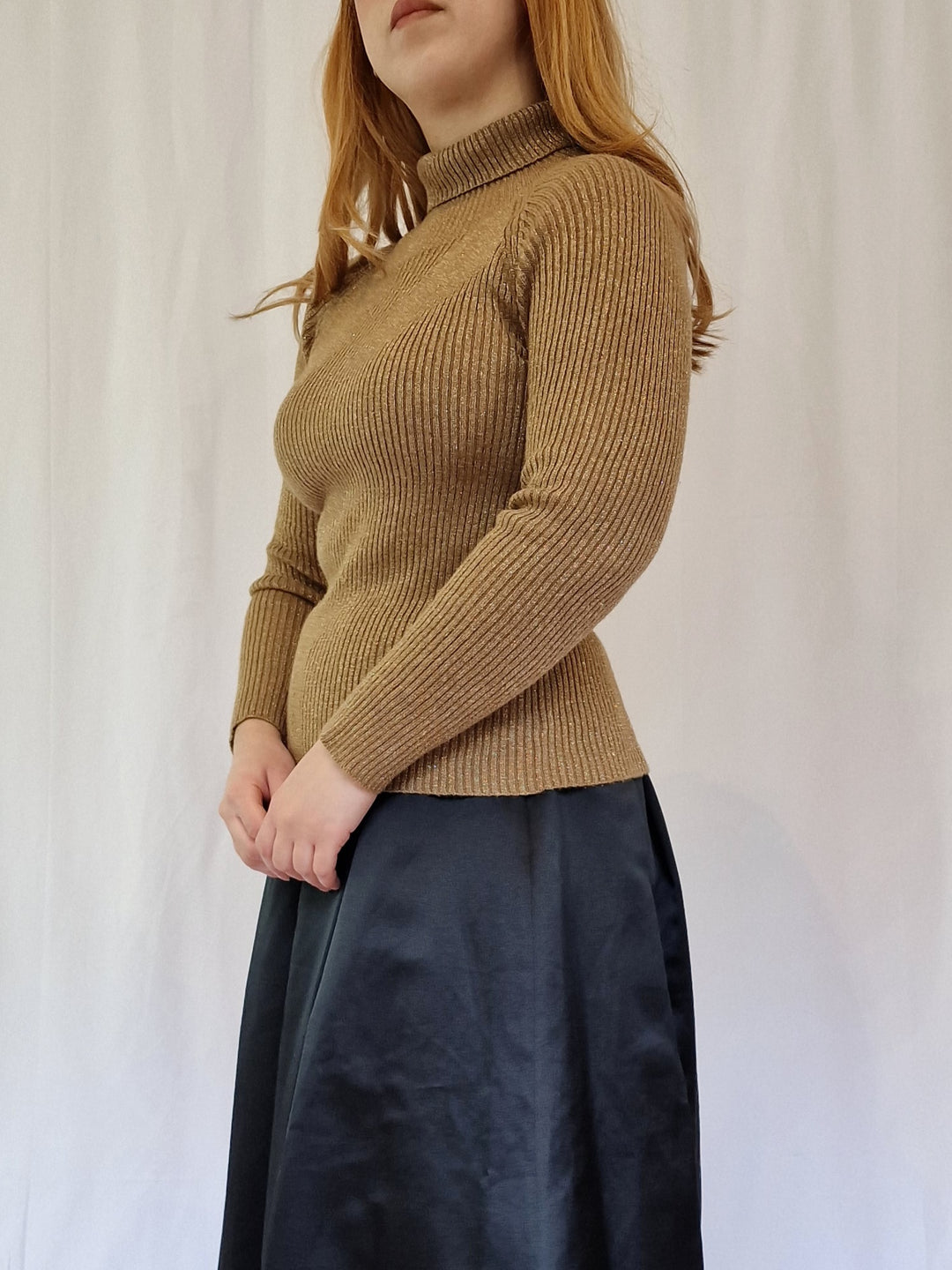 Vintage Polo Neck Long Sleeved Knitted Top with Gold Thread - XS