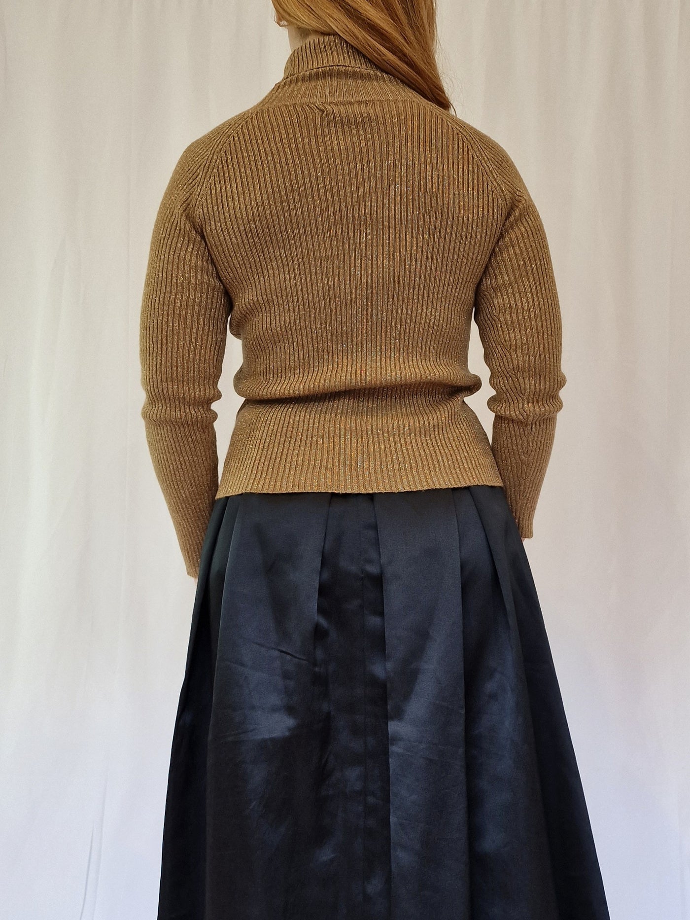 Vintage Polo Neck Long Sleeved Knitted Top with Gold Thread - XS