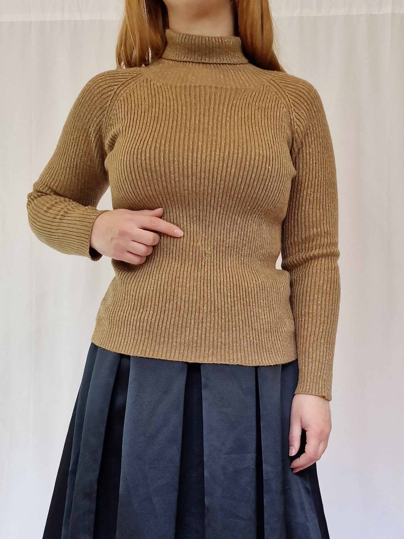 Vintage Polo Neck Long Sleeved Knitted Top with Gold Thread - XS