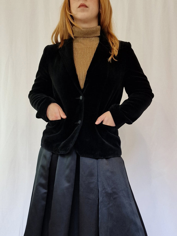 Vintage 80s Black Velvet Blazer Style Jacket - S