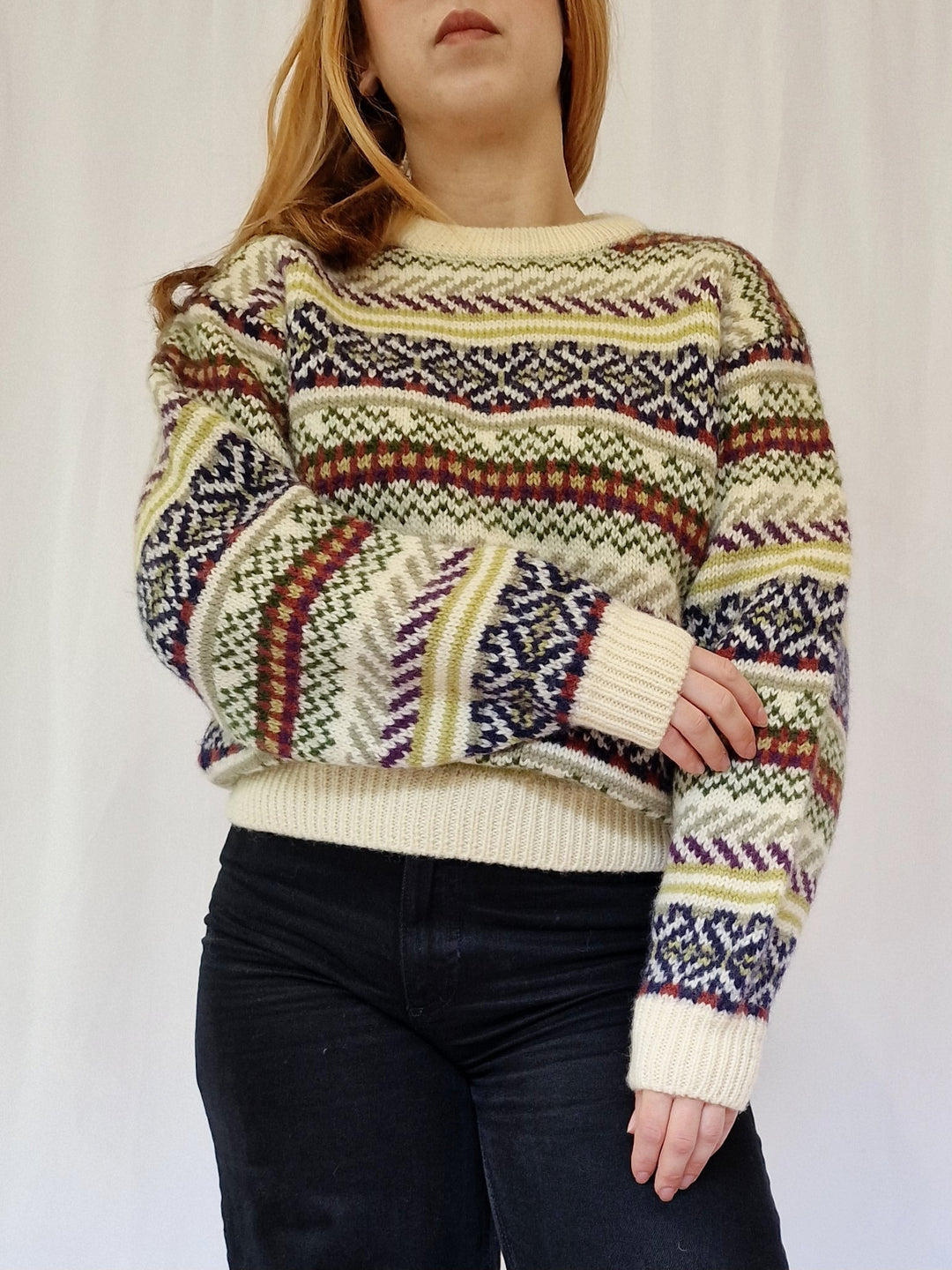 Vintage Crew Neck 100% Wool Norwegian Style Jumper - M