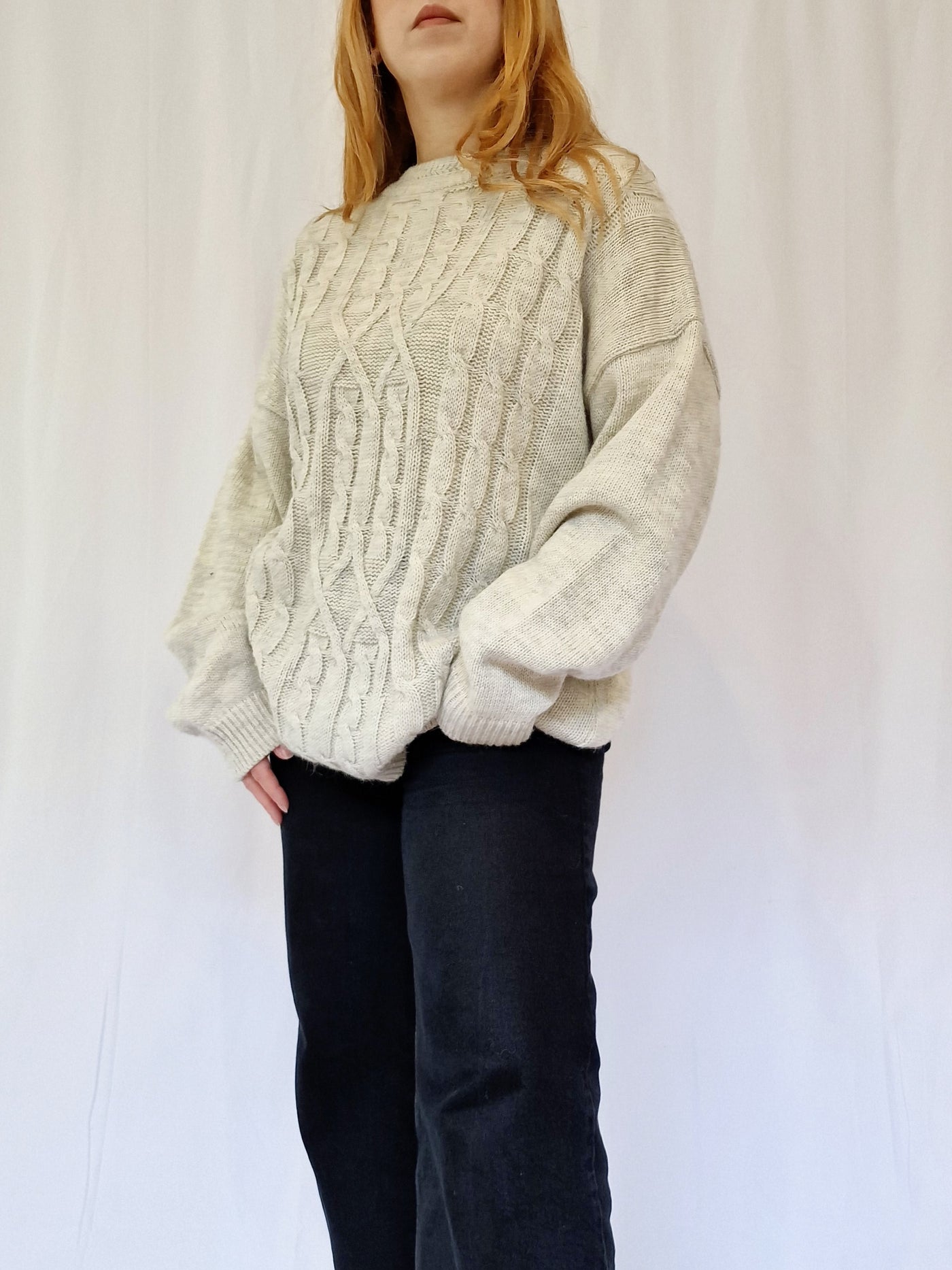 Vintage 90s Light Grey Aran Style Cable Knit Jumper with Crew Neck - XL