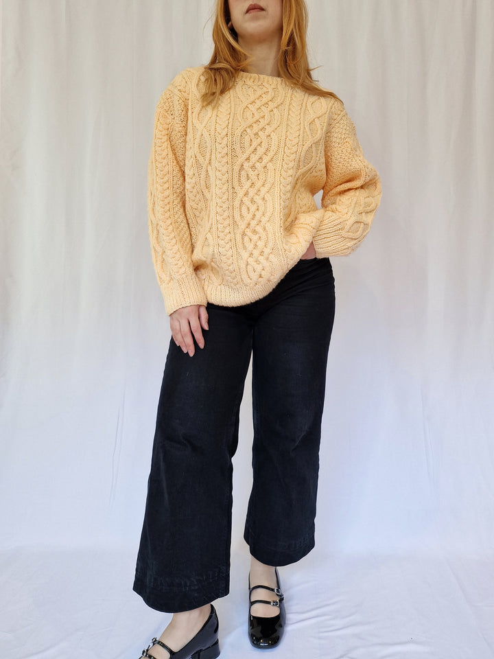 Vintage 80s Yellow Aran Style Cable Knit Jumper with Crew Neck - L