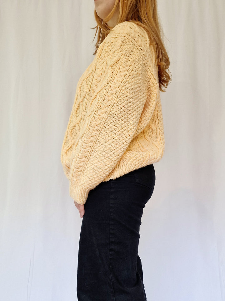 Vintage 80s Yellow Aran Style Cable Knit Jumper with Crew Neck - L