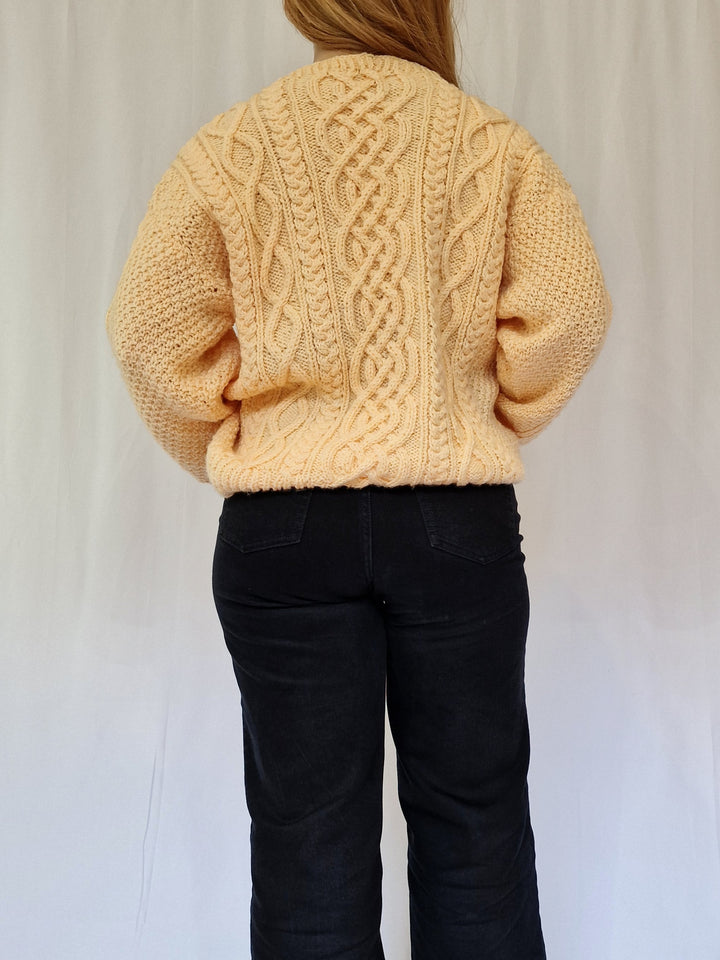 Vintage 80s Yellow Aran Style Cable Knit Jumper with Crew Neck - L