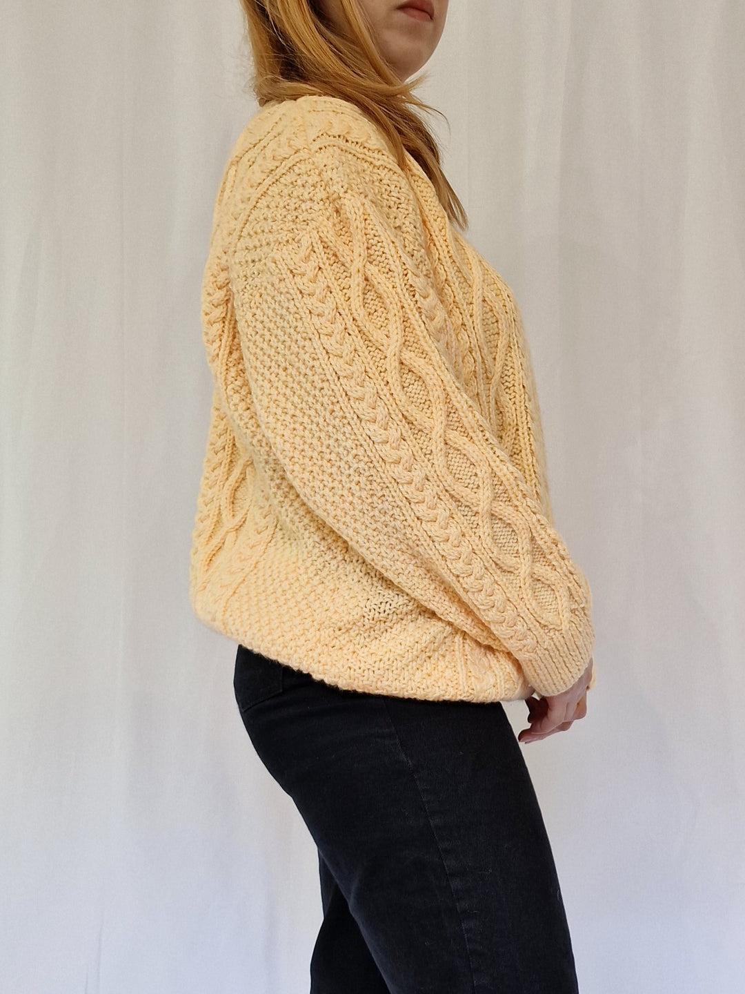 Vintage 80s Yellow Aran Style Cable Knit Jumper with Crew Neck - L