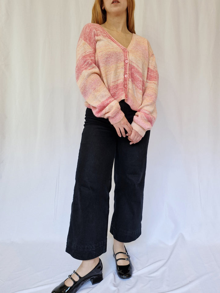 Vintage Handknitted Ombre Pink V-Neck Cardigan - XL/XXL