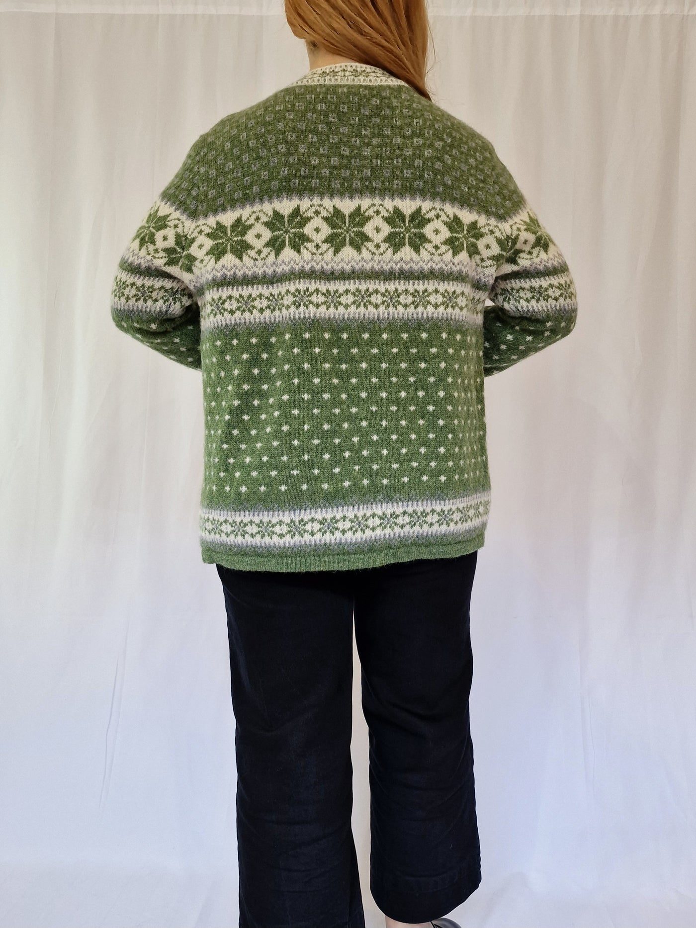 Vintage 90s Light Green Icelandic Style Wool Cardigan - S/M