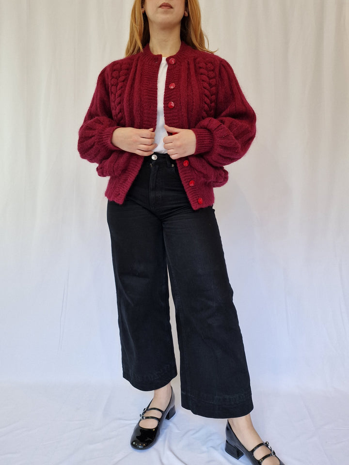 Vintage 80s Burgundy Red Knitted Crew Neck Mohair Cardigan - M/L