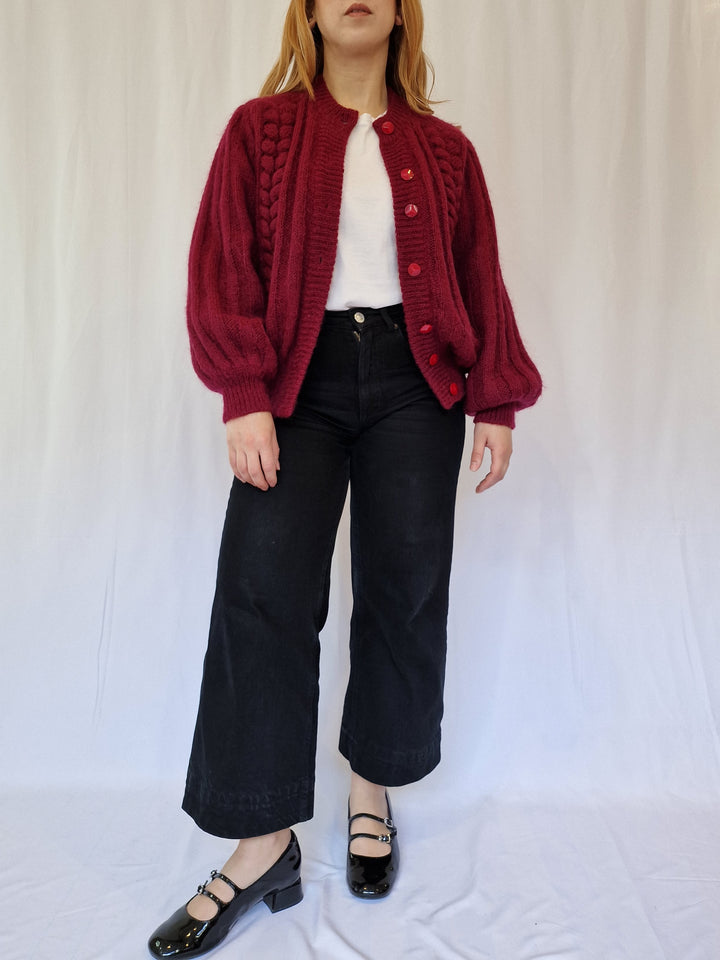 Vintage 80s Burgundy Red Knitted Crew Neck Mohair Cardigan - M/L