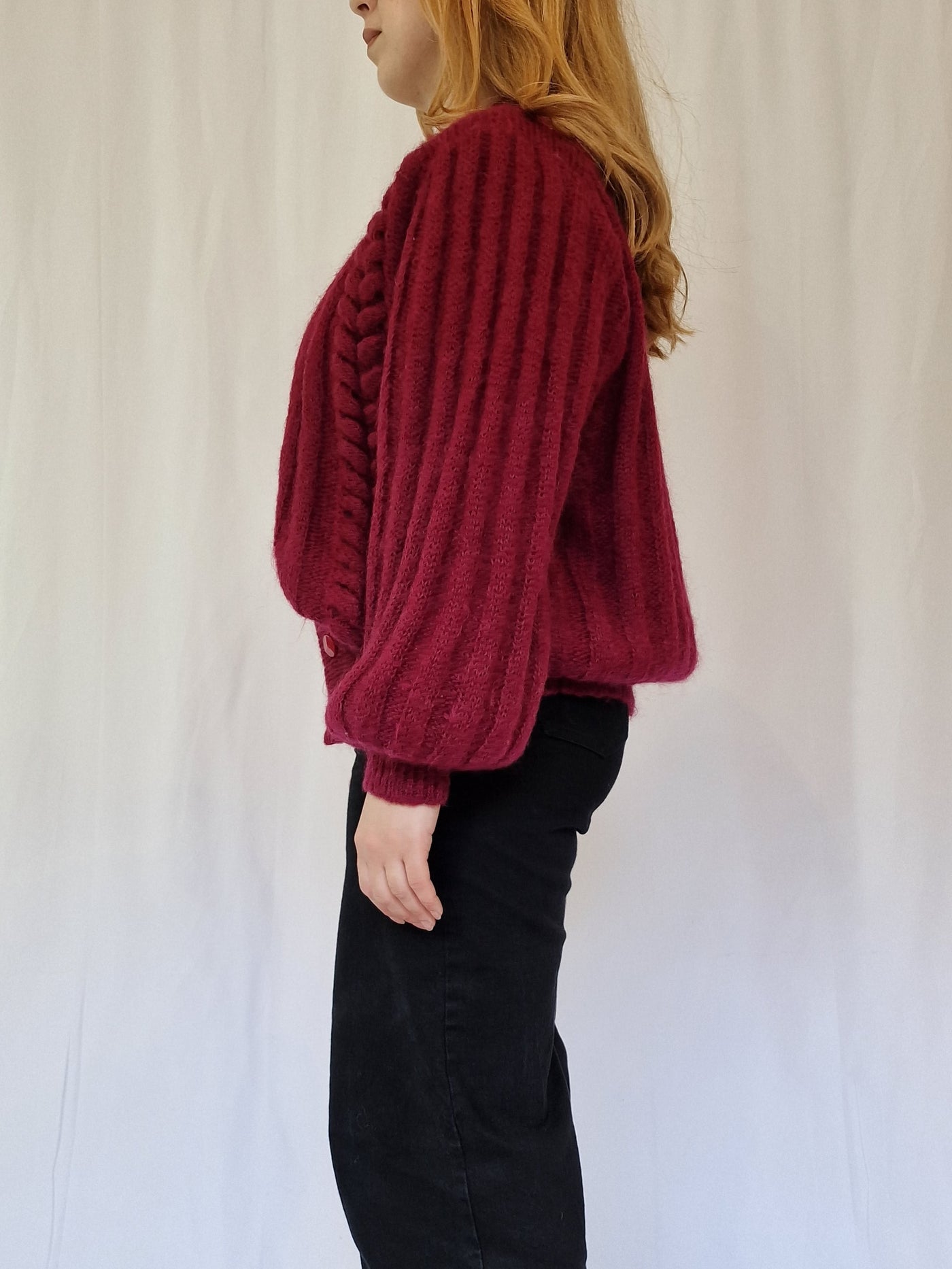 Vintage 80s Burgundy Red Knitted Crew Neck Mohair Cardigan - M/L