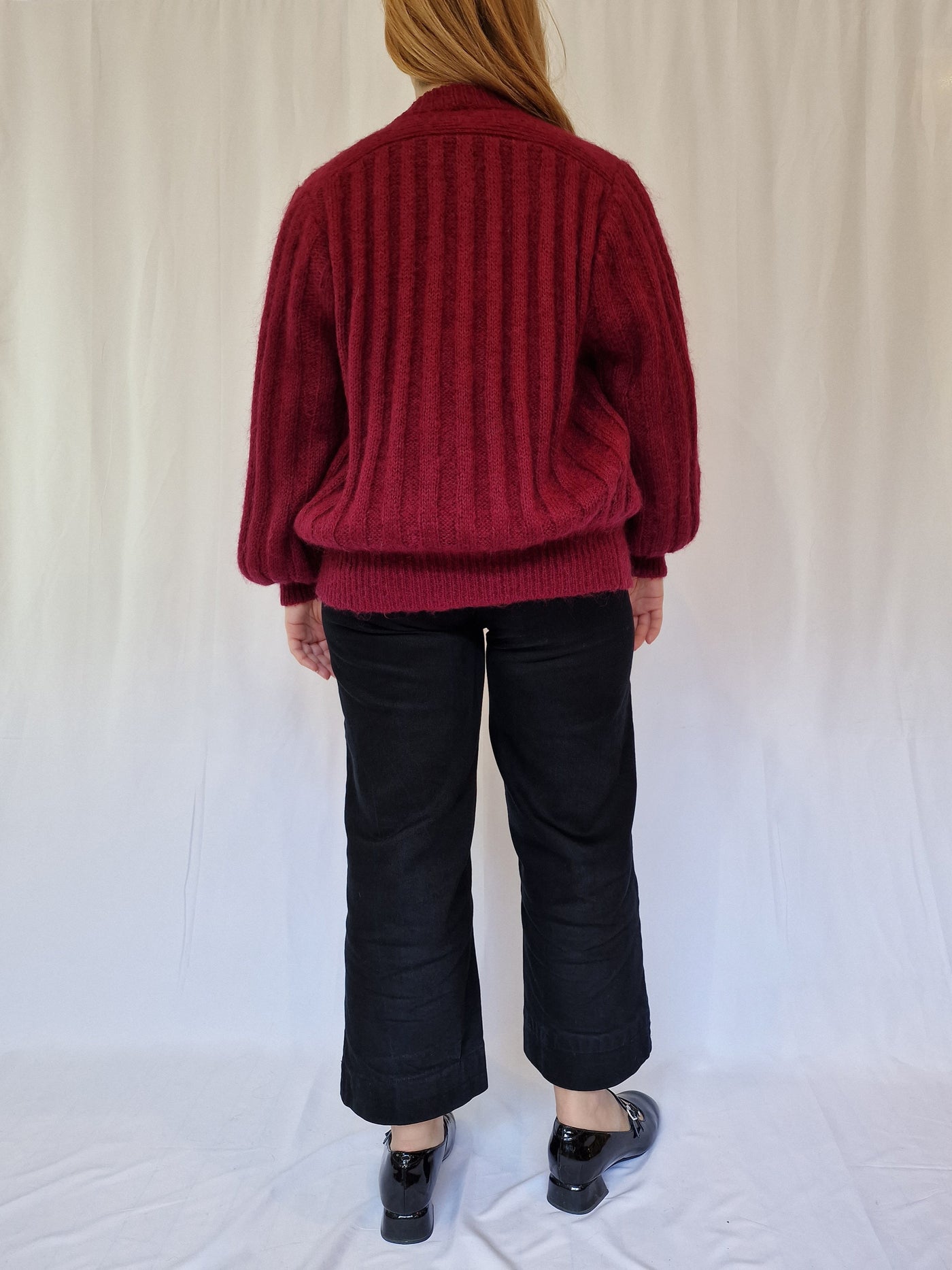 Vintage 80s Burgundy Red Knitted Crew Neck Mohair Cardigan - M/L