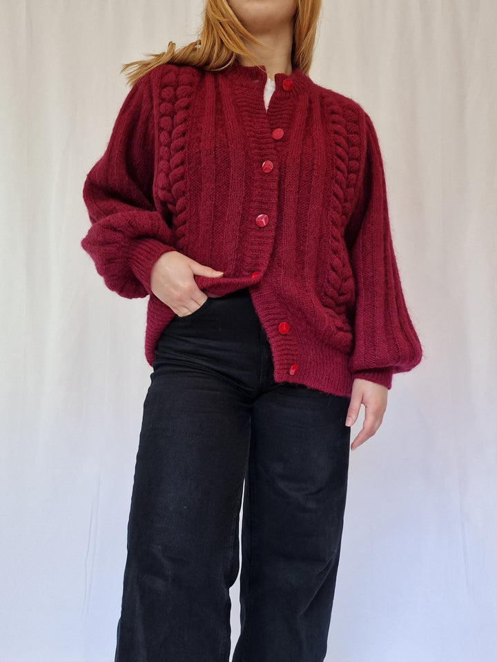 Vintage 80s Burgundy Red Knitted Crew Neck Mohair Cardigan - M/L