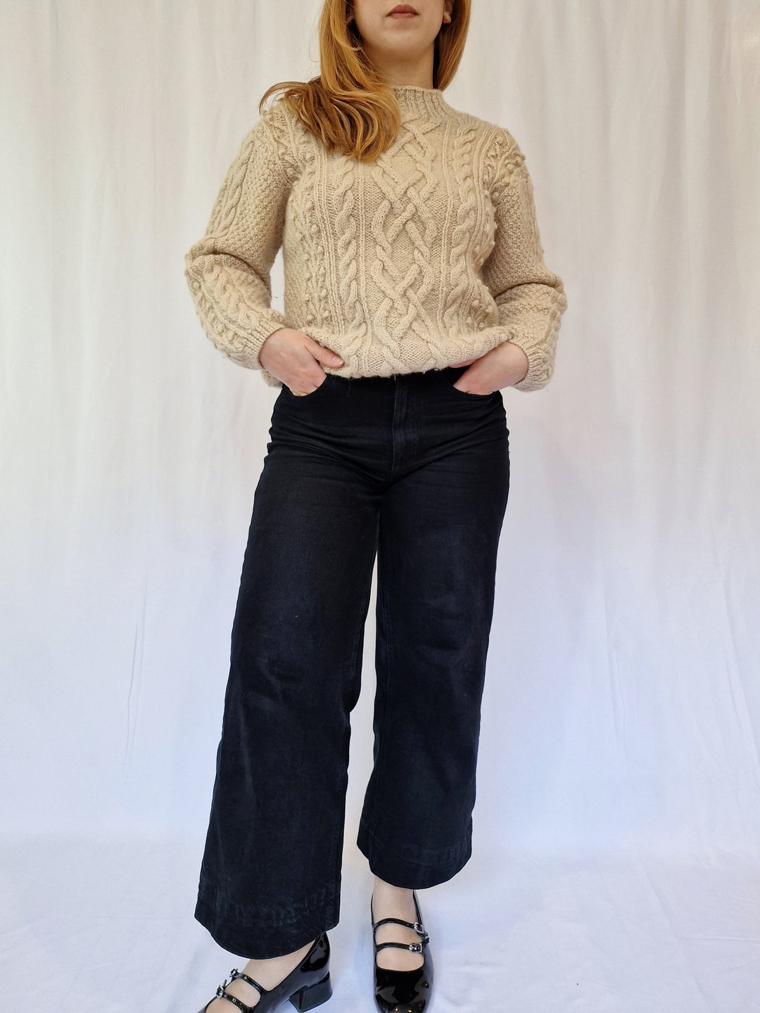 Vintage Crew Neck 100% Wool Bobble Knit Aran Jumper - S