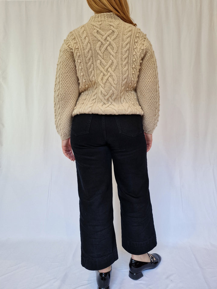 Vintage Crew Neck 100% Wool Bobble Knit Aran Jumper - S