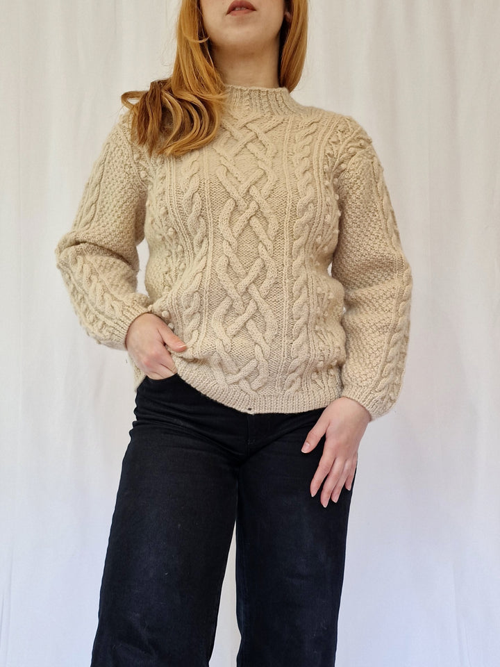 Vintage Crew Neck 100% Wool Bobble Knit Aran Jumper - S