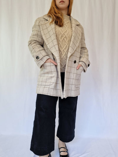 Vintage Cream Checked Double Breasted Pea Coat - M/L