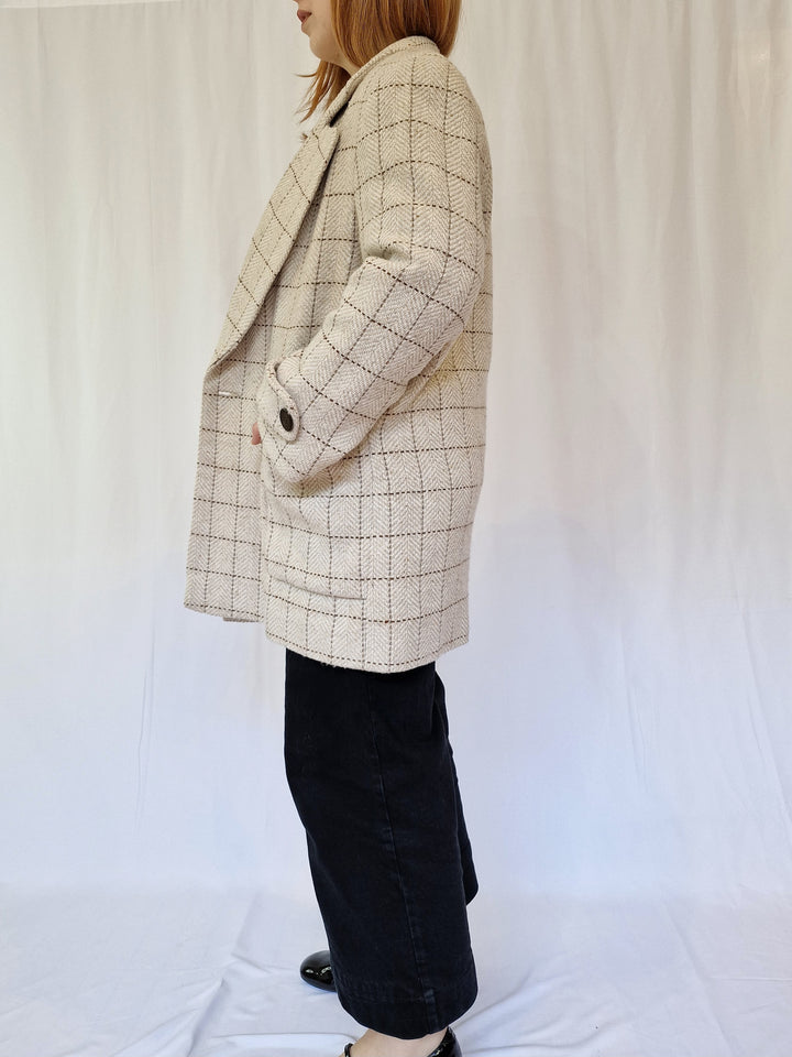 Vintage Cream Checked Double Breasted Pea Coat - M/L