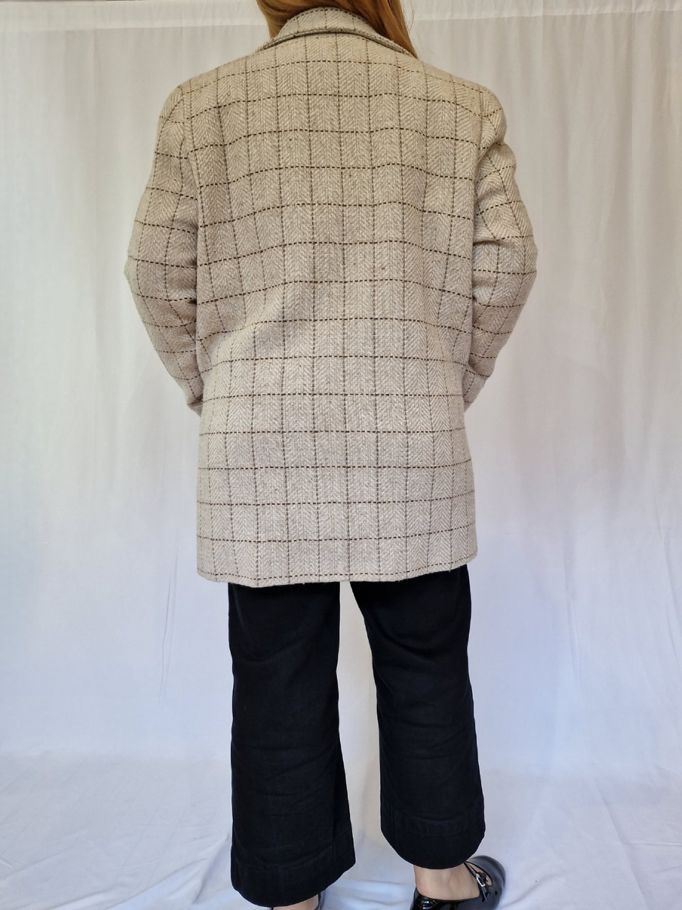 Vintage Cream Checked Double Breasted Pea Coat - M/L
