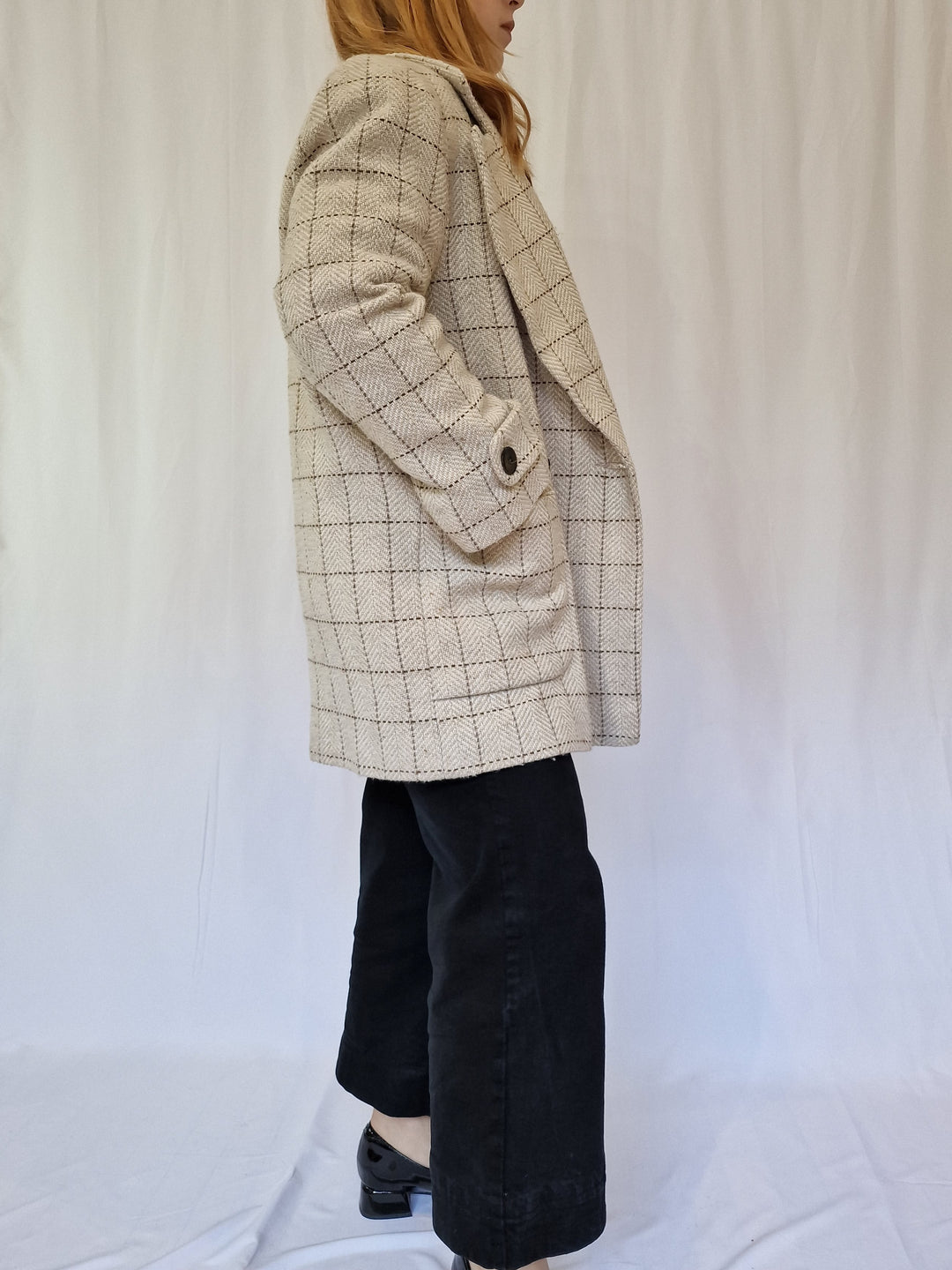 Vintage Cream Checked Double Breasted Pea Coat - M/L