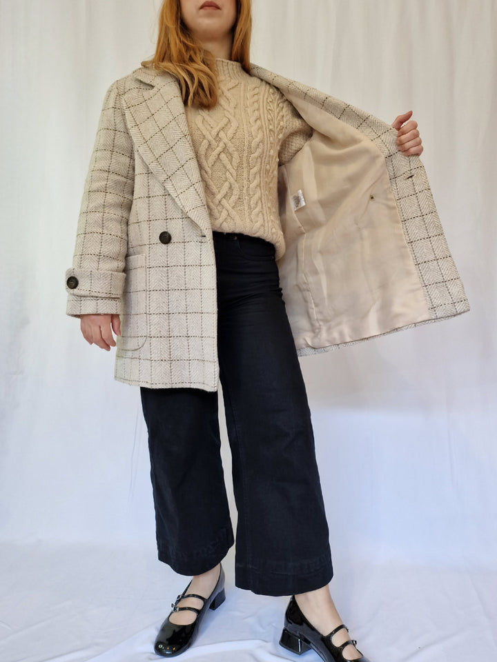 Vintage Cream Checked Double Breasted Pea Coat - M/L