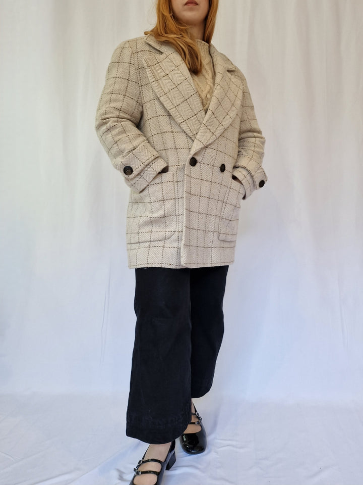 Vintage Cream Checked Double Breasted Pea Coat - M/L