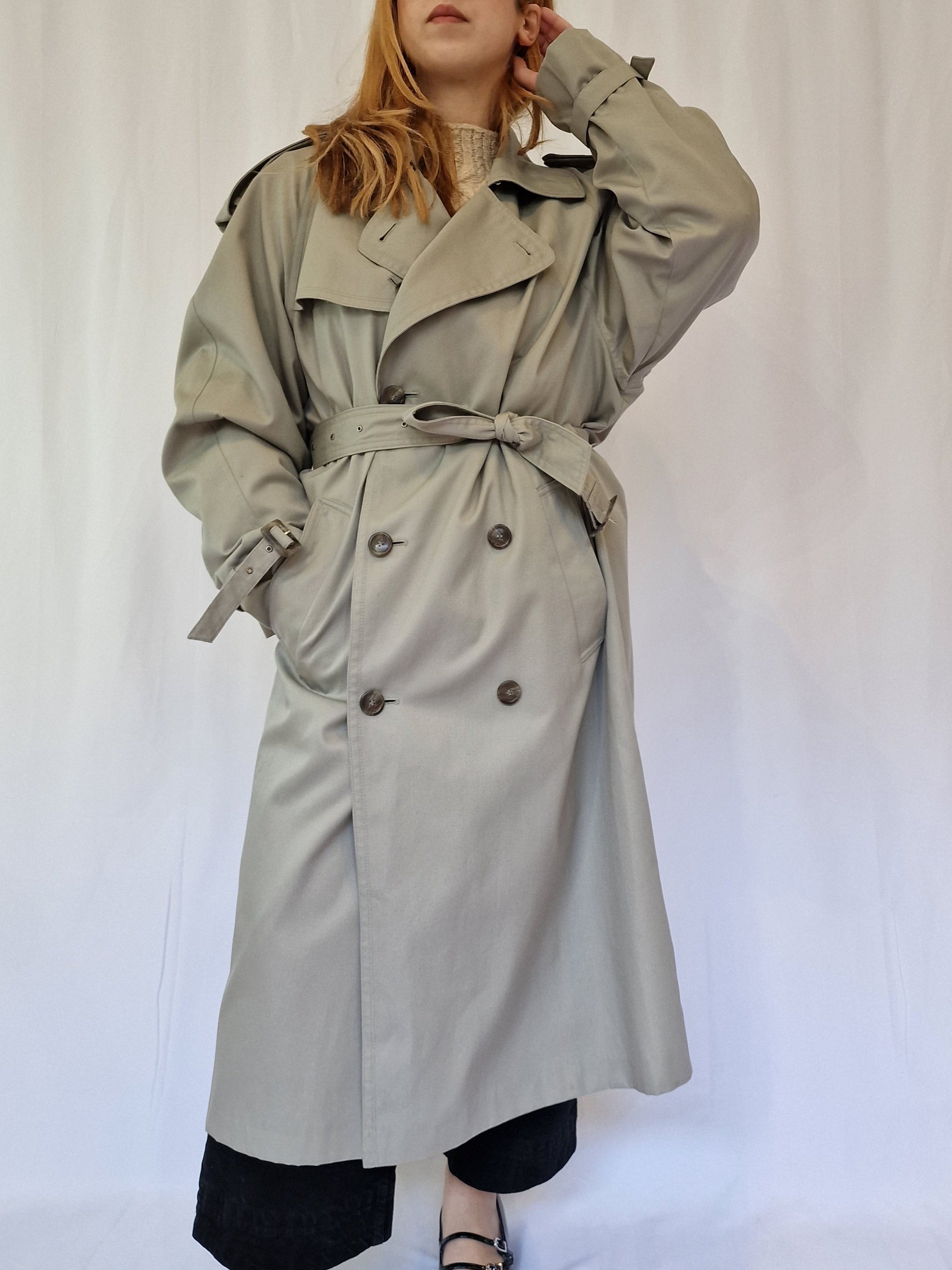 Vintage 80s Light Grey Single Breasted Trench Coat by Dannimac XL TORN vintage