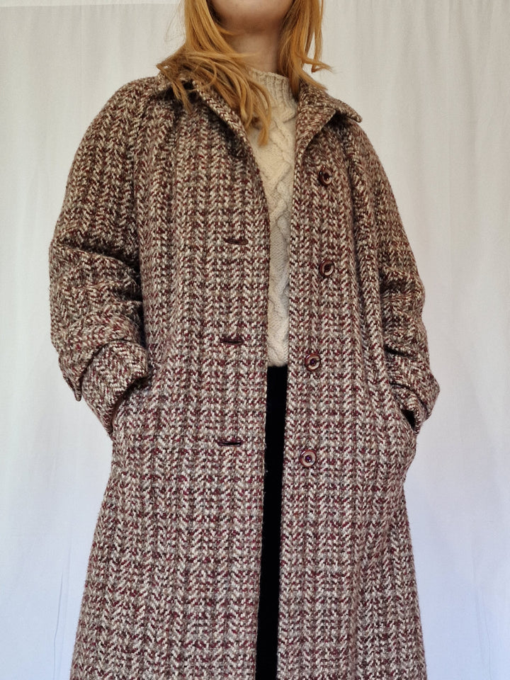 Vintage 70s Burgundy & Grey Single Breasted Wool Coat - S/M