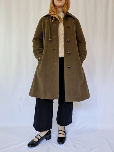 Vintage Olive Green Wool & Cashmere Single Breasted Coat - XS/S