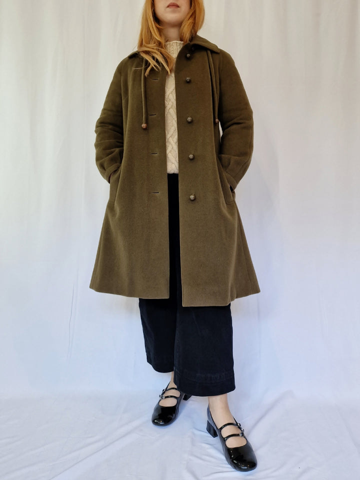 Vintage Olive Green Wool & Cashmere Single Breasted Coat - XS/S