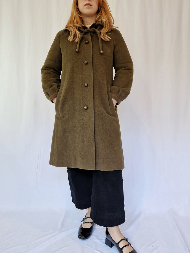 Vintage Olive Green Wool & Cashmere Single Breasted Coat - XS/S