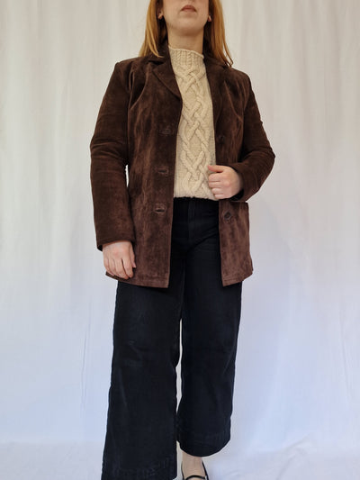 Vintage 90s Dark Brown Genuine Suede Leather Blazer Style Jacket - XS/S