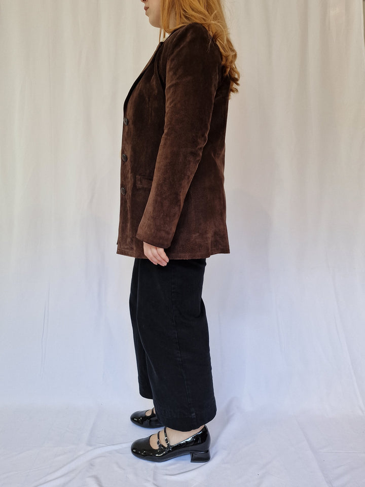 Vintage 90s Dark Brown Genuine Suede Leather Blazer Style Jacket - XS/S