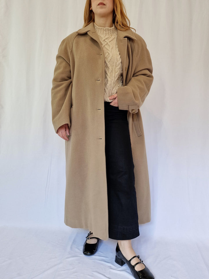 Vintage Camel Brown Wool Single Breasted Long Coat - XL