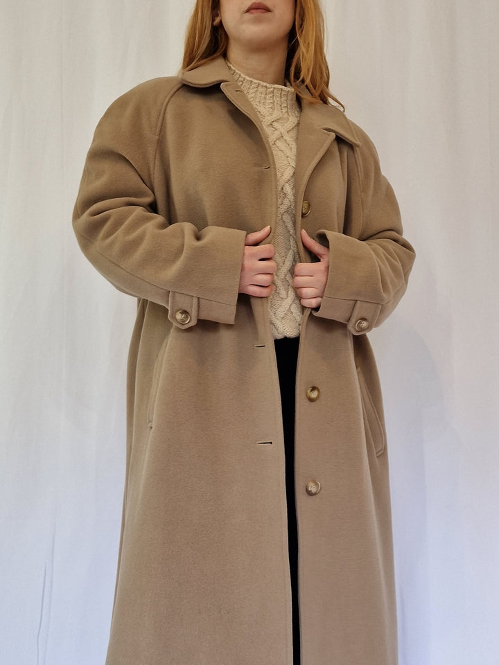 Vintage Camel Brown Wool Single Breasted Long Coat - XL