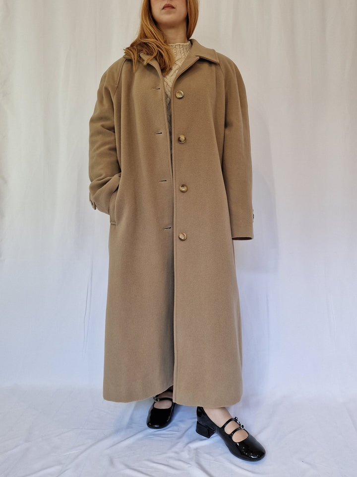 Vintage Camel Brown Wool Single Breasted Long Coat - XL