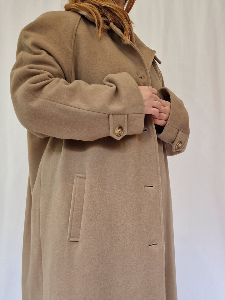 Vintage Camel Brown Wool Single Breasted Long Coat - XL