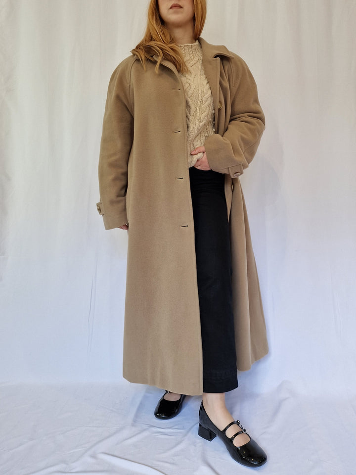 Vintage Camel Brown Wool Single Breasted Long Coat - XL