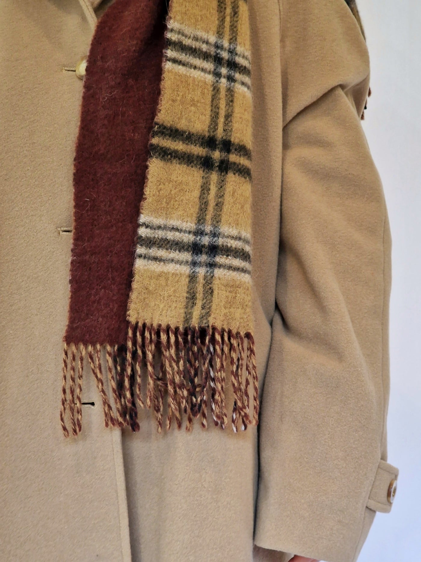 Vintage Burgundy and Camel Checked Wool Scarf