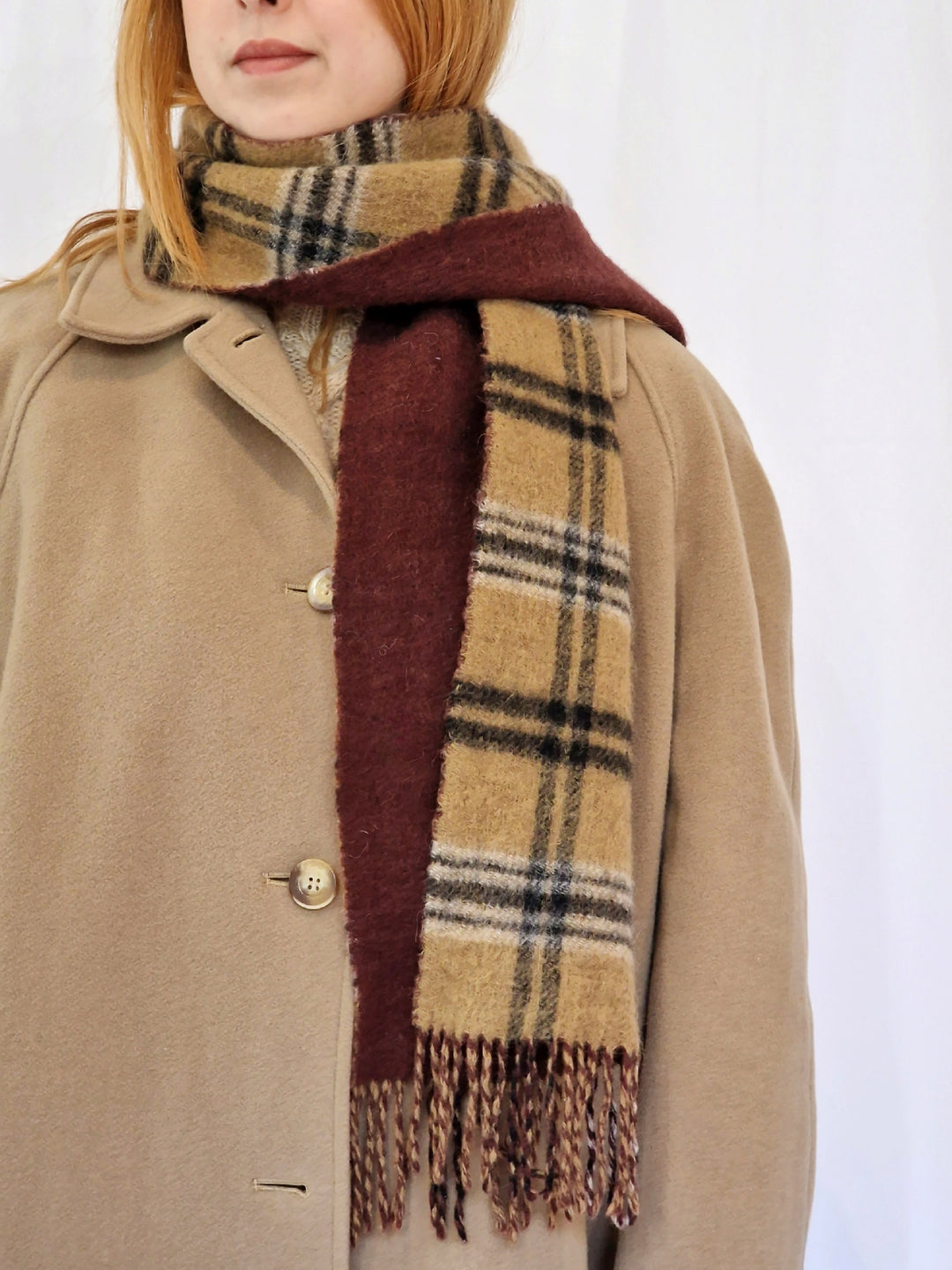 Vintage Burgundy and Camel Checked Wool Scarf